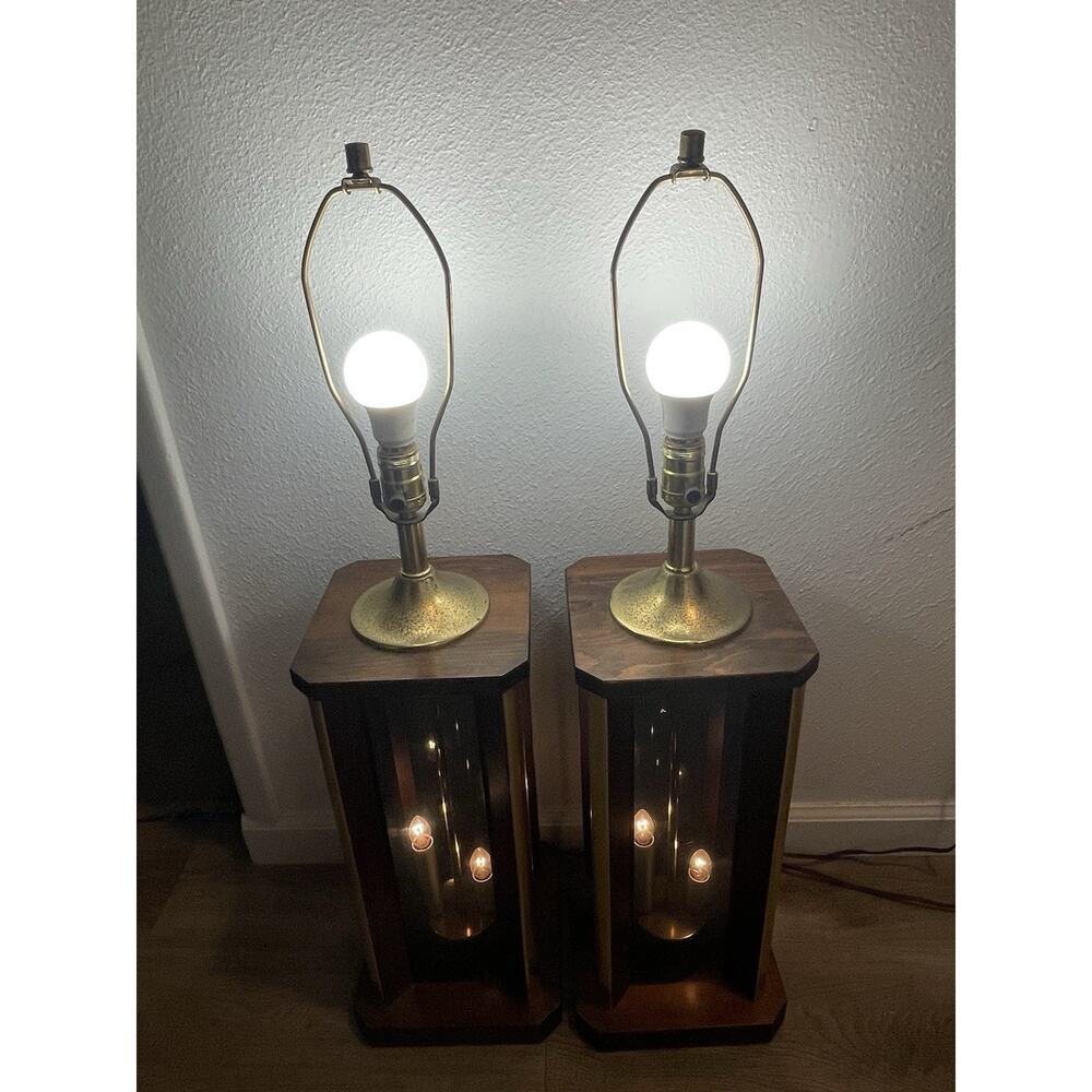 Vintage Pair Lantern Table Lamps Smoked Glass Wood Brass 3-Way Nightlight Base